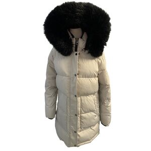 Saki Cream Puffer Jacket with Black Fur Hood Size Small